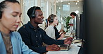 Man, call center and smile for talking, headset and contact us for tech support at night in office. Person, agent and consultant on laptop, advice or microphone for customer service with voip at job