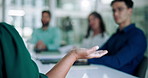 Business people, team and meeting with discussion for presentation, explanation or proposal at office. Closeup, group or employees listening to speaker for company project, strategy or conference