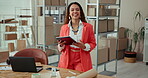 Face, woman and walking with tablet for distribution industry, ecommerce and online shopping of startup. Smile, girl and digital for logistics service, supply chain and boxes on shelf of dropshipping
