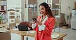 Boxes, smile and woman with smartphone, typing and communication for order, ecommerce and entrepreneur. Logistics, person and checking of delivery on app, small business and distribution of stock