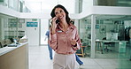 Business woman, walking and phone call for hospital management and networking for medical supplies. Mobile, happy and doctor room with PR consultant for care facility with telehealth interview