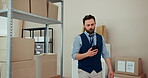 Boxes, reading and man with smartphone, office and communication for order, ecommerce and entrepreneur. Logistics, person and checking of delivery on app, small business and distribution of stock