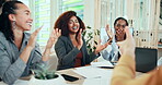 Happy, business people and discussion with applause in office for teamwork, support or finance success. Corporate, audit and employees with high five at desk for profit, achievement or revenue growth