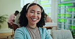 Woman, student and face at college, happy and excited for learning with postgrad project in study hall. Person, smile and portrait with education for development, progress or confidence at university