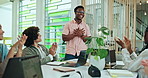 Team, applause and business man in meeting for success, promotion and praise winner. Leader, happy group and clapping for support, congratulations and celebrate goal achievement in creative startup