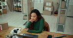 Idea, laptop and logistics with business woman at desk in depot for delivery tracking from above. Computer, supply chain and zoom with happy African employee at work for online shopping or retail
