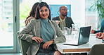 Laptop, face and report with business woman in meeting for diplomacy, foreign service officer and target audience. Politics workshop, campaign manager and collaboration with people for research team