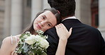 Face, wedding and couple with love, hug and relationship with commitment, care and trust. Portrait, outdoor and bride with groom, embrace or bouquet with marriage, event and ceremony with celebration