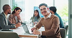 Laptop, face and smile with business man in meeting for diplomacy, foreign service officer and target audience. Politics workshop, campaign manager and collaboration with people for policy team