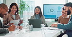 Laptop, teamwork and laugh with business woman in meeting for diplomacy, foreign service officer and target audience. Politics workshop, campaign manager and collaboration with people for report