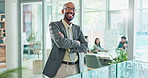 Arms crossed, smile and suit with business black man in office for corporate or professional career. About us, glasses and portrait of confident employee in workplace for job satisfaction or pride