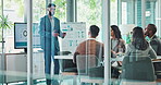 Presentation, question and business man in meeting for diplomacy, foreign service officer and target audience. Politics workshop, campaign manager and collaboration with people for research team
