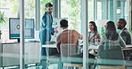 Presentation, handshake and business man in meeting for diplomacy, candidate success and target audience. Politics workshop, campaign manager and collaboration with people for research team or report