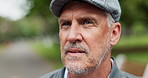 Park, thinking and mature man in morning for reflection, nostalgia and daydreaming outdoors. Retirement, weekend and face of senior person in nature for fresh air, memory and remember for wellness