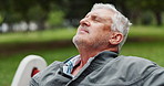 Senior man, smile and relax in park for retirement, positive mood and holiday with weekend break. Elderly person, happy and peace in nature for travel, vacation and pension fund with joy in Germany