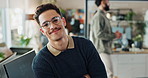 Man, office and confident with arms crossed for coding, programing and system update as software engineer. Male person, employee and face with happiness for innovation project and data development