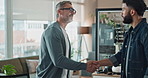 Greeting, handshake and introduction with business people in office together for collaboration. Conversation, hello and meeting with employee men shaking hands in workplace for collaboration