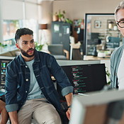 Office, men and brainstorming on board for coding project with teamwork ...