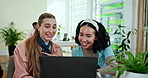 Laptop, business women and collaboration, discussion or planning in creative startup. Computer, happy team and brainstorming ideas for article, social media and content writing for eco friendly blog