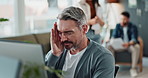 Man, stress and computer in office, massage face and employee burnout at startup business. Mature person, coworking workplace and frustrated for 404 error, mental health and exhausted for mistake