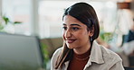 Computer, face and happy with business woman in office for administration, report or research. Administration, smile and typing with design employee in creative workplace for web development