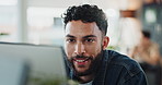 Computer, smile and web development with man software engineer in office for coding or programming. Desktop, reading and typing with employee nodding in workplace for design or online research