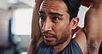 Flexibility, stretching and face of man in gym for performance, wellness and warm up. Sports health, preparation and portrait of person for exercise, bodybuilder training and workout or fitness