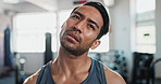 Fitness, stretching and face of man in gym for performance, wellness and warm up. Sports health, preparation and athlete person for exercise, bodybuilder training and workout ready for flexibility