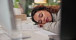 Woman, sleeping and tired at night in office with documents, computer and overtime at media company. Person, exhausted and fatigue with burnout, paperwork and dream with rest at creative agency