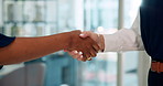 Handshake, deal and business women in office with job interview, meeting or agreement. Welcome, greeting and hr manager shaking hands with hiring candidate for introduction at recruitment discussion.