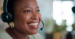 Call center, contact and black woman consultant in office for inbound crm, sales and telemarketing. Customer support, headset and African advisor with multilingual technical service for translation.