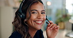 Call center, contact and face of woman agent in office for inbound crm, sales and telemarketing. Customer support, headset and portrait of advisor with multilingual technical service for translation.