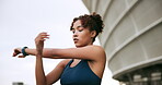 City, woman and fitness with arms for stretching, flexibility and prevention for muscle tension. Outdoor, female person and athlete with warm up for exercise, training or workout challenge for health