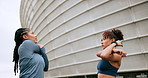 Fitness, women or stretching in city for warm up, exercise ambition or arm muscle relief. Personal trainer, client or start workout in Brazil for wellness, commitment or talking for lose weight goal
