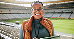 Stadium, happy and face of woman with tablet for event planning, sports coordinator and game schedule. Project manager, arena and portrait of person on digital tech for research, website and internet