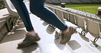 Legs, running and outdoor with challenge, steps and fitness center as strength training in stadium. Female person, workout and feet for strong muscle, exercise or sport in physical activity or cardio