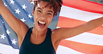 Happy woman, success and flag for victory in sports competition or tournament as pro athlete. Female person, celebration and excited for challenge, event and winning as player at world games in USA