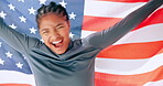 Happy woman, celebration and American flag for victory in sports event or success as pro athlete. Female person, tournament and excited for challenge, competition and winning as player at world games