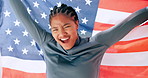 Woman, celebration and athlete with american flag for success, competition and performance winner. Female person, excited and champion with achievement for fitness, sports or international victory