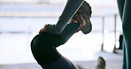 Person, hands or knee injury with personal trainer for pain, sprain or muscle tension at stadium. Closeup, athlete or coach helping runner with sore leg, joint or inflammation for accident or workout