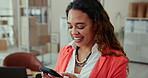 Boxes, smile and woman with smartphone, office and communication for order, ecommerce and entrepreneur. Logistics, person and checking of delivery on app, small business and distribution of stock