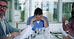 Healthcare, burnout and doctors in meeting, workflow crisis and confused with stress. Employees, group and medical with professional, documents and frustrated with headache, pressure and tension