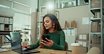 Woman, order logistics or phone with laptop for supply chain, inventory or ecommerce at warehouse. Online shopping, information or distributor with smile or mobile app for package delivery or service