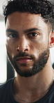 Face, sweating and man with exercise, closeup and confidence with workout routine. Portrait, person and athlete with training, wet and challenge with endurance, fitness and wellness with healthy guy