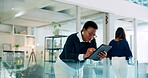Black woman, work and research with tablet in office for networking, internet or reading online news. Agency, worker and female employee with technology at business for email, information or feedback