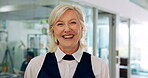Business, mature woman and happy with laughing in office for corporate joke, career confidence and pride for job. Professional, employee and smile in portrait at workplace with motivation and humor