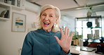 Video call, wave and networking with business woman for virtual consultant, online meeting and advisor. Webinar, insight conference and skills workshop with portrait of mature person in office