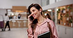 Phone call, walking and business woman in hotel lobby for appointment, travel schedule and meeting. Professional, corporate and person on smartphone for conversation, talking and online networking