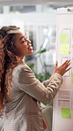 Presentation, meeting and business woman with whiteboard on web design, project and research. Creative agency, speaker and person planning with sticky notes for mobile app, ui software and website