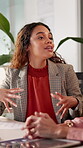 Office, business people and financial advisor with client for discussion, investment planning and tips. Meeting, customer and woman with conversation for insurance advice, guidance and project ideas